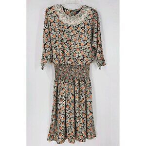 Vintage 80s Starlo Floral Midi Dress Lace Collar XL